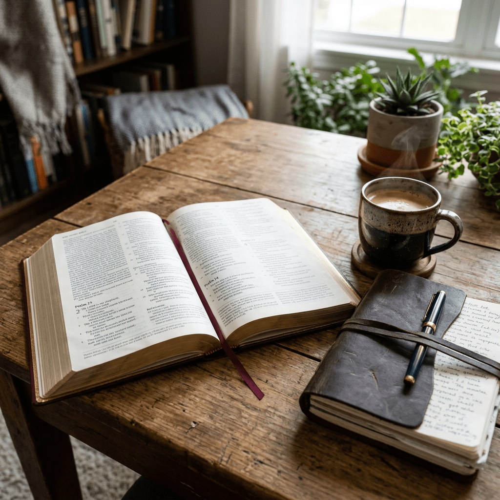 Open book with text, closed leather journal with pen, steaming coffee cup on wooden table